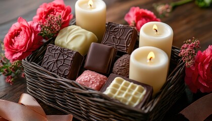 Assortment of fine chocolates and lit candles arranged in a rustic woven basket with pink flowers.