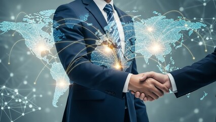 Global business cooperation, businessmen handshake with world map and data lines, wide panoramic banner