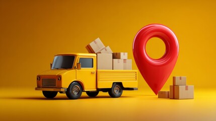 Yellow delivery truck with open cargo back and flying packages next to large red location pin, symbolizing fast parcel delivery, logistics services, and efficient shipping solutions
