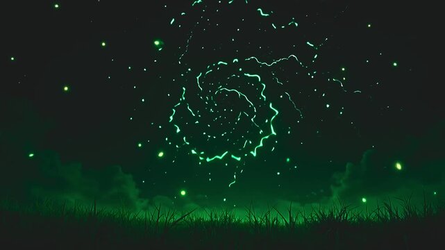 Radiant streaks explode thunder flash edge, forming bold spirals on a green background, with glowing fireflies rippling in a whimsical, cosmic setting at night.