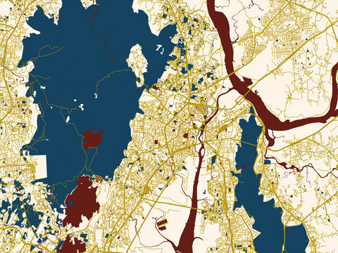 Minimalist map of Thane, India, gold street network with deep red water