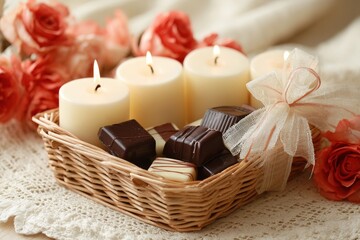 Four creamy white candles illuminate a woven basket filled with assorted dark chocolates and adorned with a sheer bow.