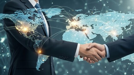 Global business cooperation, businessmen handshake with world map and data lines, wide panoramic banner