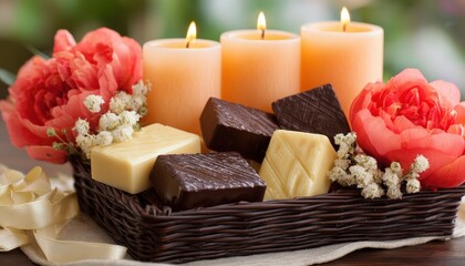 Arrangement of artisanal soaps, lit candles, and vibrant flowers presented in a woven container