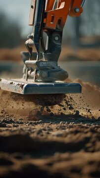 Heavy construction machinery compacting ground, sending dust & stones flying in a dynamic close-up