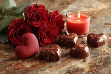 Romantic arrangement of deep red roses, heart-shaped chocolates, and a glowing candle on a marble surface