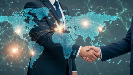 Global business cooperation, businessmen handshake with world map and data lines, wide panoramic banner