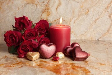 Romantic arrangement featuring deep red roses, a lit pillar candle, and heart shaped confections upon a marble surface.