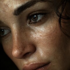 Fototapeta premium Pensive young woman's natural beauty, close-up with dramatic lighting and freckles