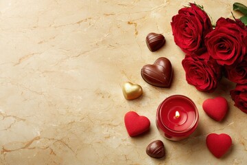 Romantic assortment of red roses, heart-shaped chocolates, and a lit candle arranged on a light marble surface.