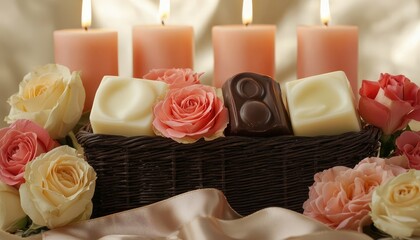 Four lit pillar candles illuminate a selection of scented soap squares and roses arranged in a woven basket