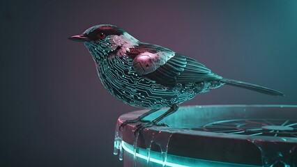 A futuristic robotic bird perched on a metallic surface with neon lights reflecting off its body in a dark environment