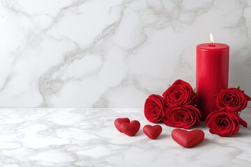 Vibrant red roses and sparkling hearts accompany a tall burning candle set against a white marble surface