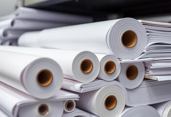 Close-up of stacked rolls of white paper, ready for printing,  tissue paper,  cylinder