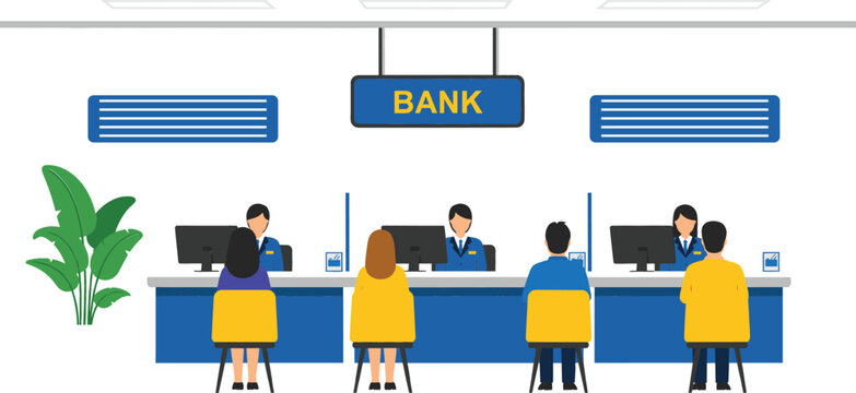 Flat vector illustration of a modern bank office interior with tellers serving customers at desks under a blue signpost for finance and banking concept