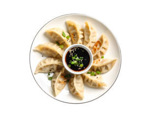 Chinese Jiaozi new year food with sauce isolated on transparent png