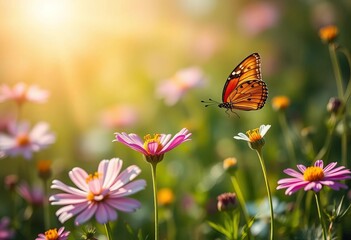 Cosmos meadow bathed in sun with butterfly, macro beauty,  butterfly,  outdoor