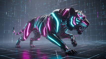 A futuristic robotic tiger with neon lights running on a digital floor in a cyberpunk environment from a dynamic viewpoint
