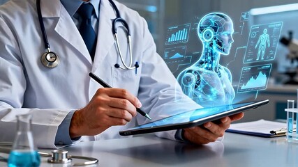 Doctor using tablet with hologram - Powered by Adobe