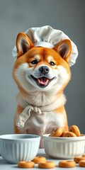 Cute Shiba Inu in chef hat, a culinary companion ready to make delicious dog treats with a bright smile,  playful,  studio
