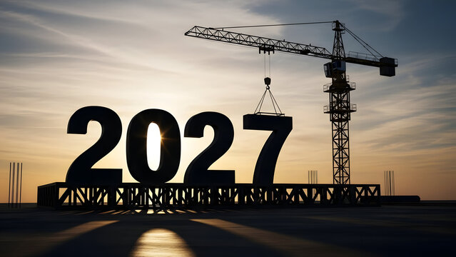 Construction Site with Crane Building 2027 New Year Sign at Sunset