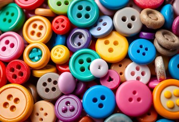 Close-up of vibrant, assorted buttons in various shapes and sizes,  vibrant,  bright