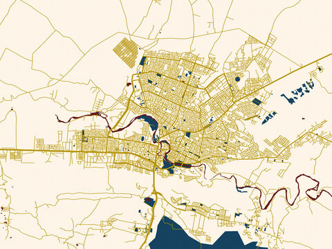 Minimalist map of Zaxo, Iraq, dark red water and warm gold roads