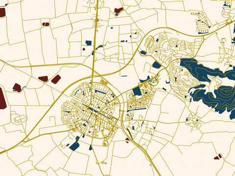 Decorative abstract map of Afula, Israel, featuring warm gold street grid over a cream background with bold deep-red water areas