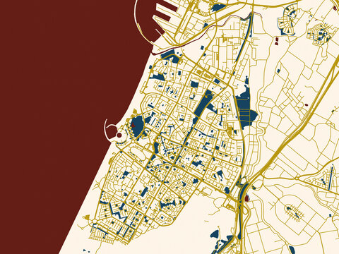 Poster-style map of Ashdod, Israel using minimal cream and gold map