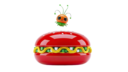 Cute Cartoon Creature Above a Stylized Burger