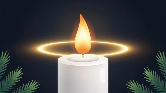 White candle with burning flame surrounded by green leaves on dark background.