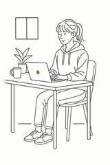 Fototapeta premium Clean line art illustration of a person working on laptop at a desk ideal for remote work productivity and lifestyle content