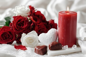 Burning red candle sits beside a bouquet of red and white roses with chocolates and a heart shape