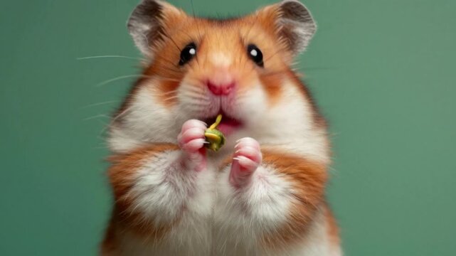 Hamster sniffing isolated on green screen. Golden dwarf hamster looking at camera on green background. Cute wildlife animal character. Pet portrait on chroma key backdrop. Playful Rodent. Wildlife
