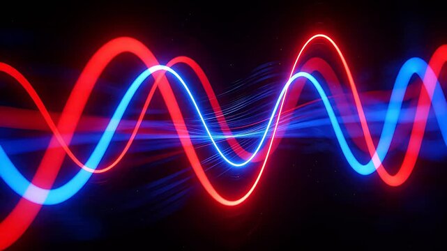 Abstract sound waves with red and blue flowing light lines on black background
