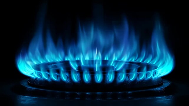 Blue flames burning on a gas stove burner in a dark kitchen environment viewed from the front