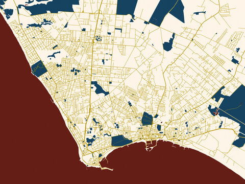 Flat city map of Anzio, Italy in dark red water and warm gold roads