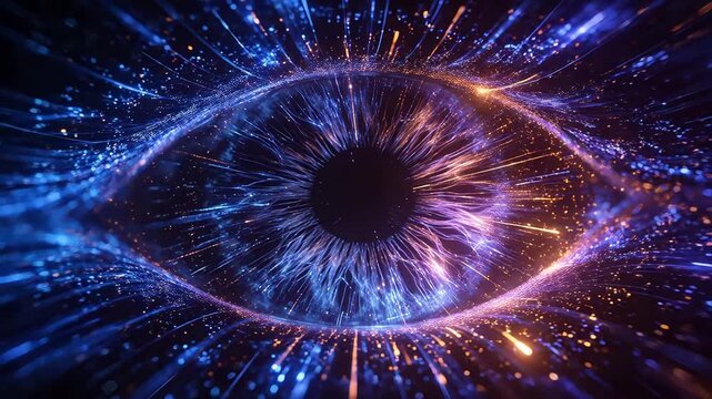 Digital mechanical eye with glowing light rays and dark abstract background