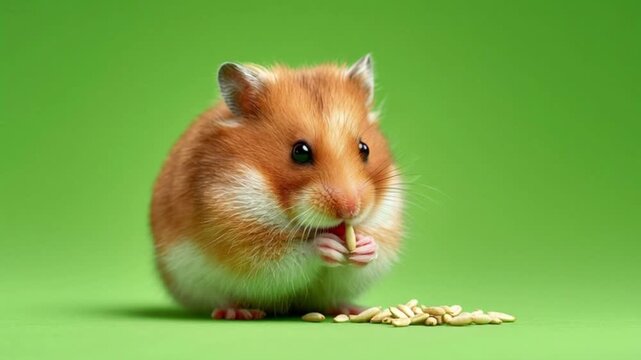 Hamster sniffing isolated on green screen. Golden dwarf hamster looking at camera on green background. Cute wildlife animal character. Pet portrait on chroma key backdrop. Playful Rodent. Wildlife