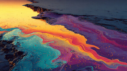 Fototapeta premium Colorful oil spill on water creating vibrant swirling patterns.