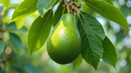 unripe avocado hanging on the tree