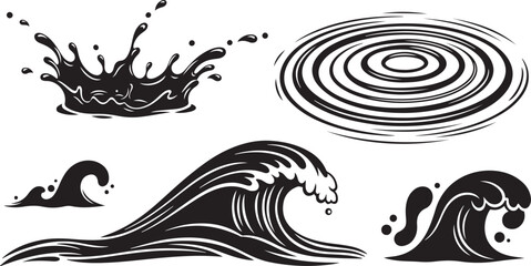 Fototapeta premium Black and white ocean wave and water splash illustrations