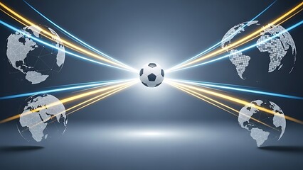 Soccer ball in the center of a digital network with glowing light streaks and multiple world map globes
