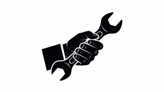 Black Silhouette Hand Holding Adjustable Wrench White Background Isolated