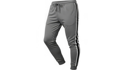 Gray athletic pants with white and black stripes
