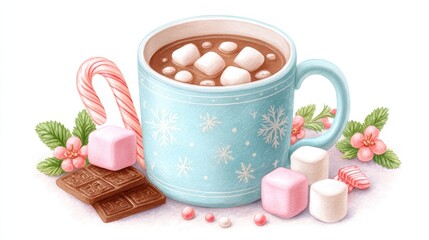 Cozy Blue Mug Filled With Hot Chocolate And Marshmallows Surrounded By Candy Cane And Dark Chocolate Squares And Pink And White Marshmallows In A Winter Setting