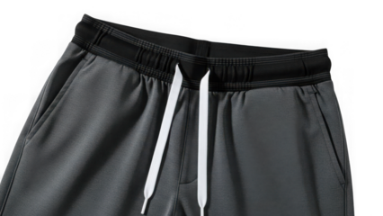 Gray athletic shorts with black waistband and white drawstrings