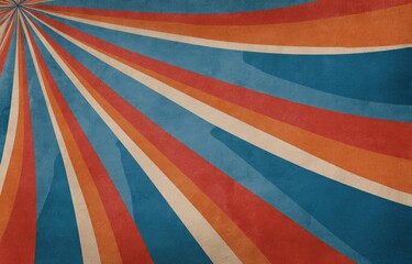 Retro sunburst with blue, orange, and beige stripes radiating from corner