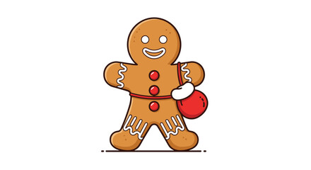 Obraz premium Cute cartoon gingerbread man cookie, smiling and holding a red bag, illustrated in a clean, simple style for the Christmas holidays.