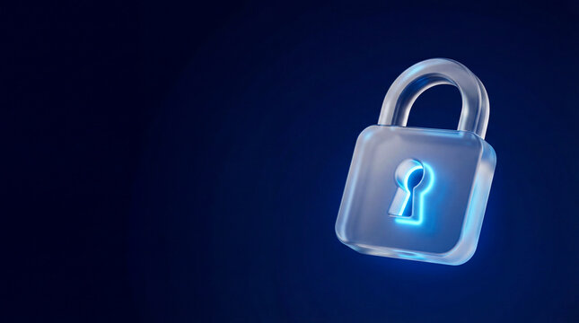 Futuristic 3D Glass Padlock Icon With Glowing Blue Keyhole Symbolizing Cybersecurity And Data Encryption